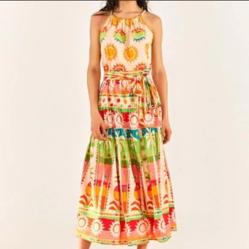 Farm Rio Women's Rainbow Sunset Halter Bow Maxi Dress Size XL